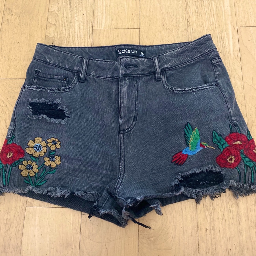 Washed black distressed denim shorts